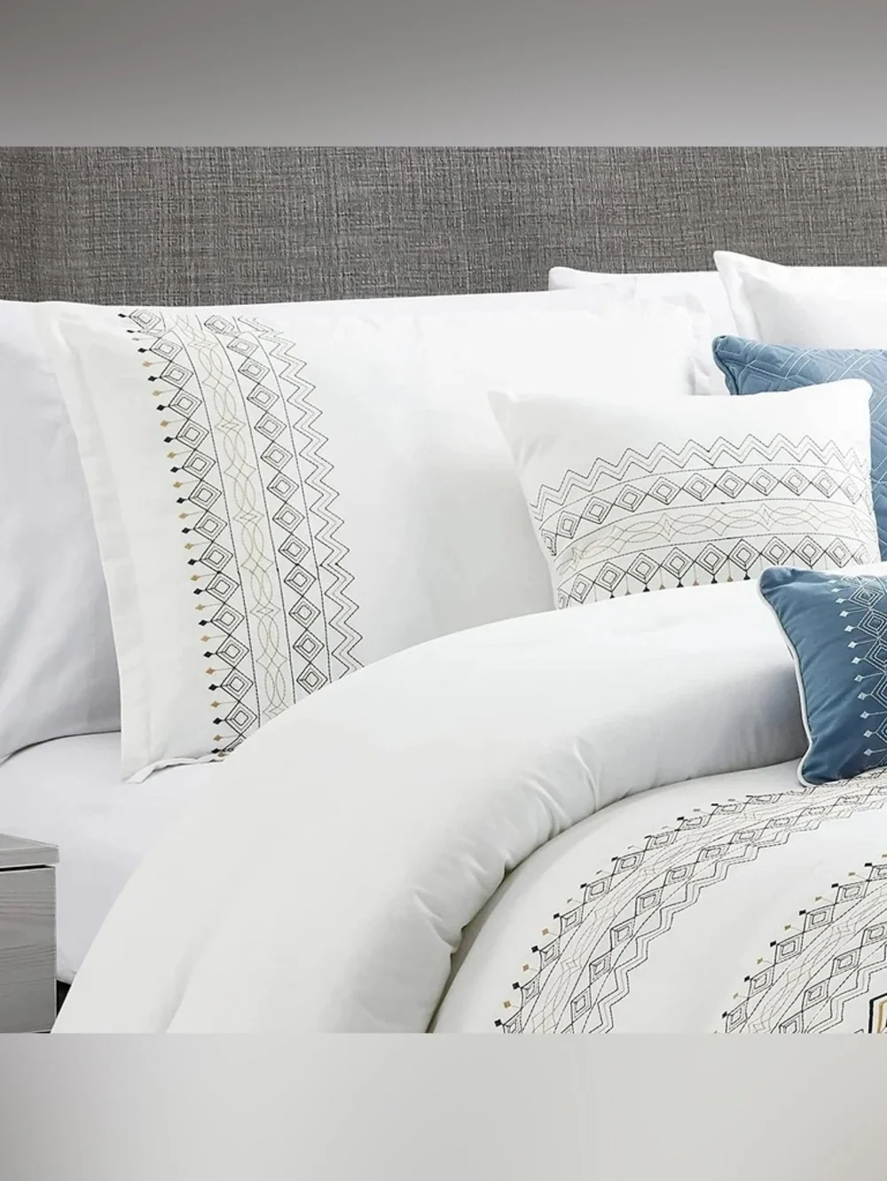Embroidered Geo Pattern White and Blue 7 piece queen Comforter Set